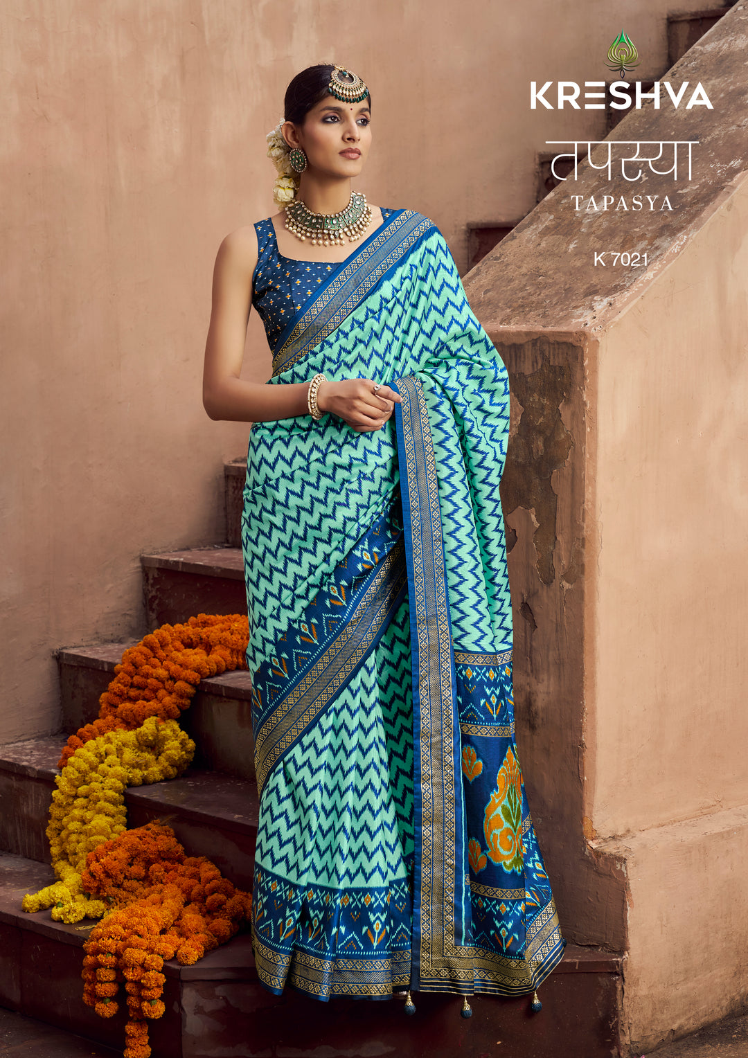 Aqua Blue Patola Inspired Designer Silk Saree with Ikat Zigzag Weaving