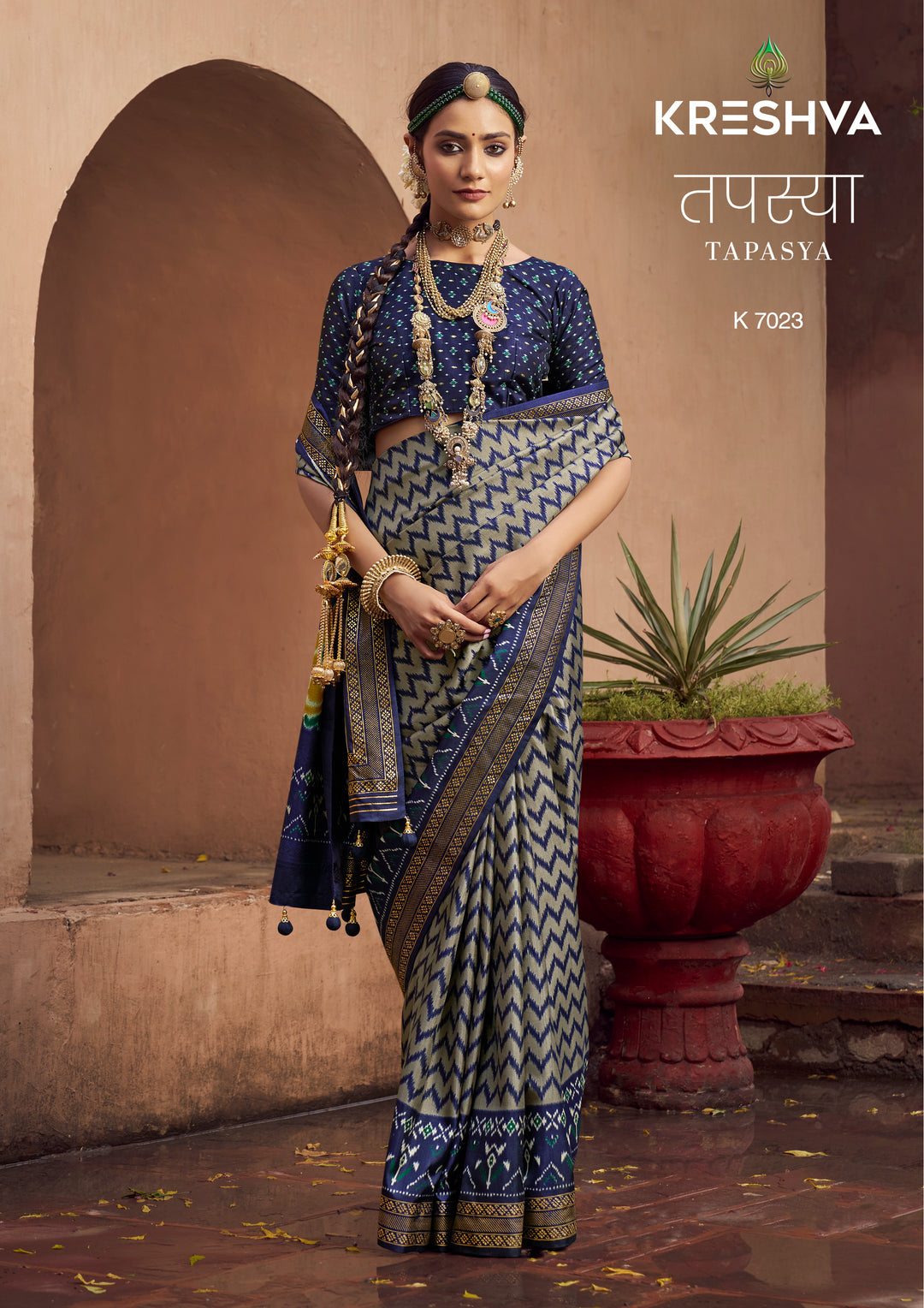 Grey & Navy Blue Patola Inspired Designer Silk Saree with Ikat Zigzag Weaving