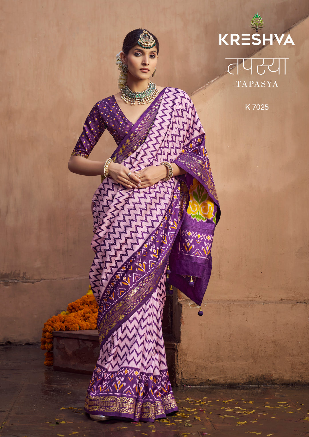Lavender & Royal Purple Patola Inspired Designer Silk Saree with Ikat Zigzag Weaving