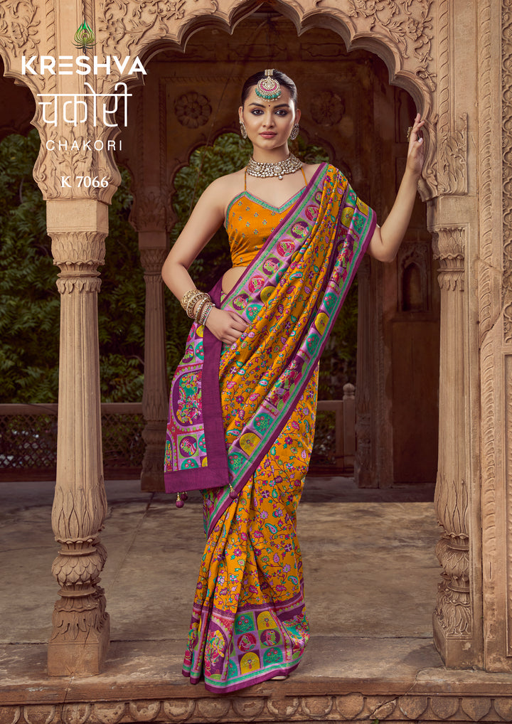 Mustard Yellow Heritage Pashmina Printed Saree with Purple Border & Folk Motifs