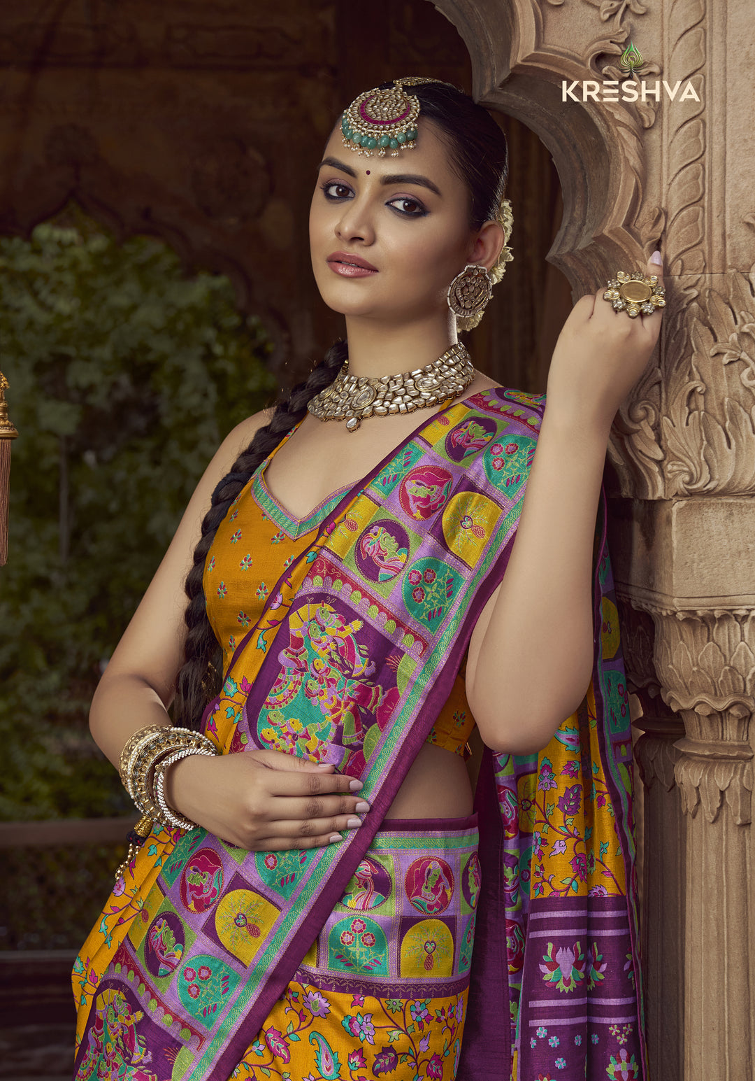 Mustard Yellow Heritage Pashmina Printed Saree with Purple Border & Folk Motifs