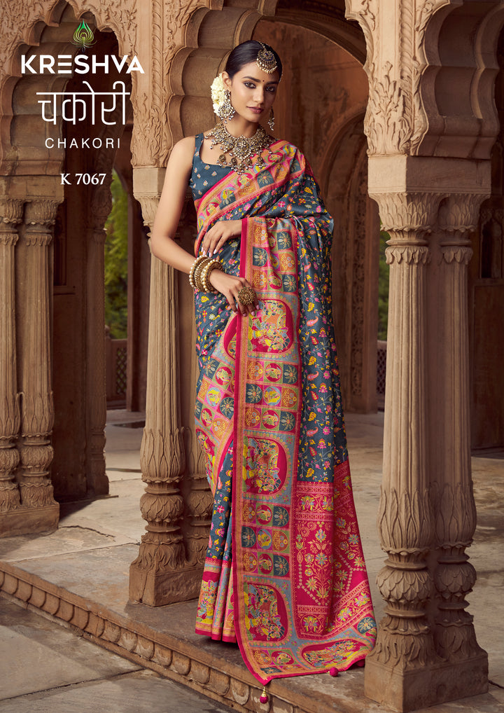 Charcoal Grey Heritage Pashmina Printed Saree with Pink Border & Traditional Motifs