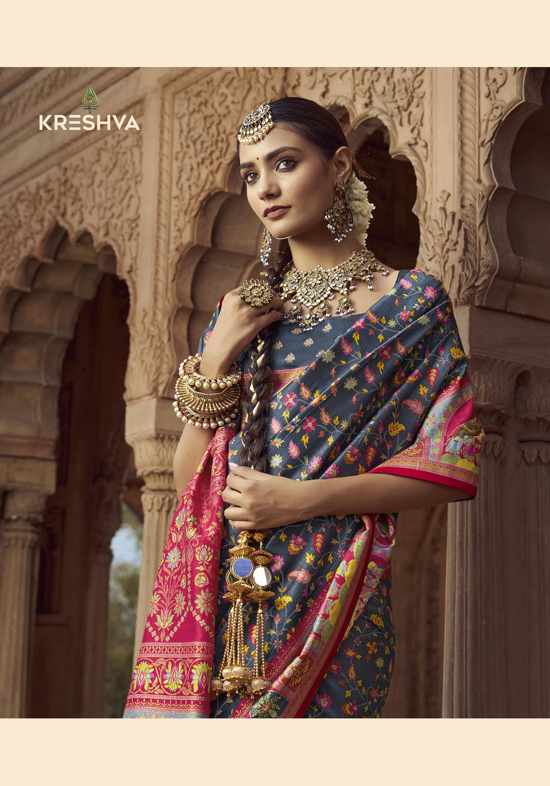 Charcoal Grey Heritage Pashmina Printed Saree with Pink Border & Traditional Motifs