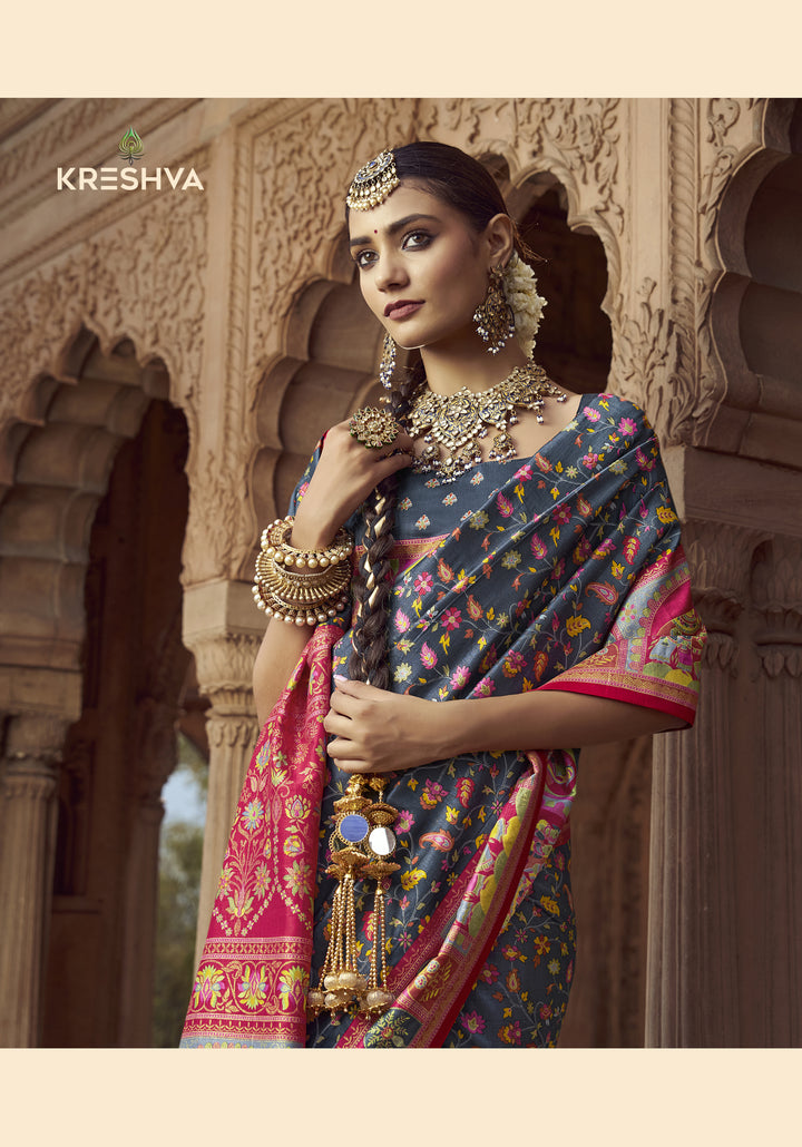 Charcoal Grey Heritage Pashmina Printed Saree with Pink Border & Traditional Motifs
