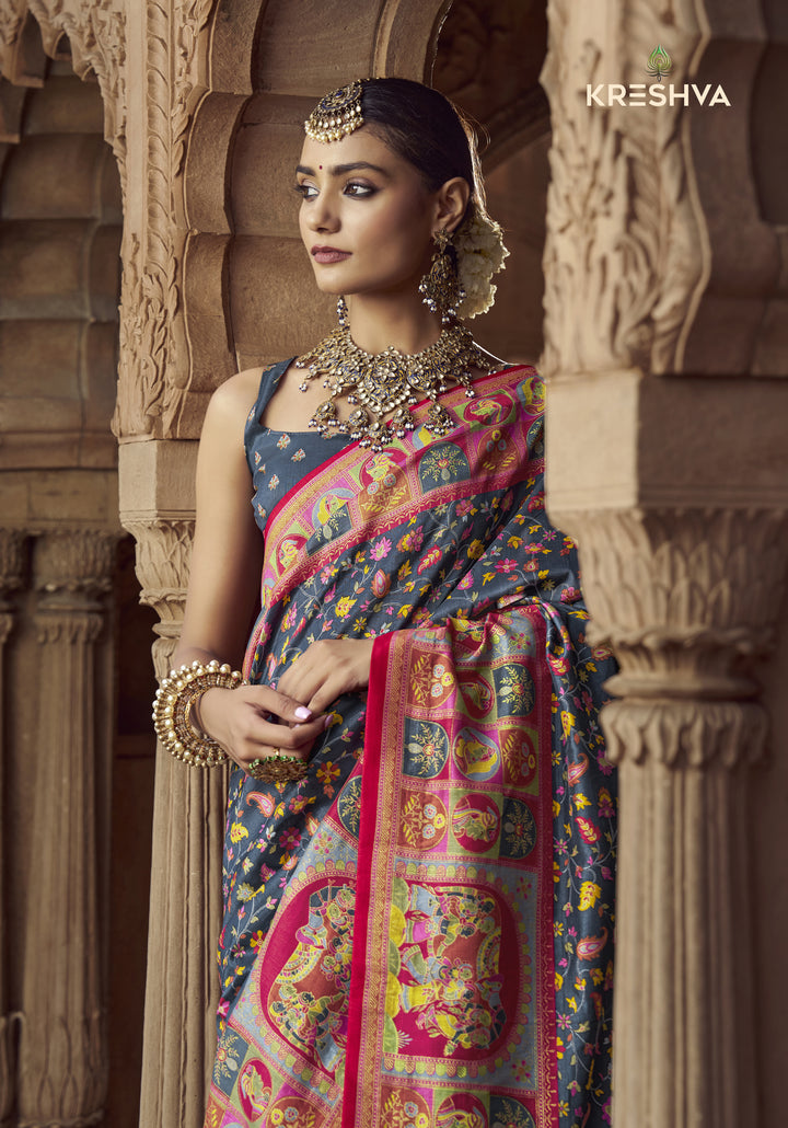 Charcoal Grey Heritage Pashmina Printed Saree with Pink Border & Traditional Motifs
