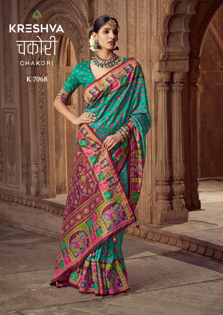 Emerald Green Heritage Pashmina Printed Saree with Magenta Border & Folk Motifs