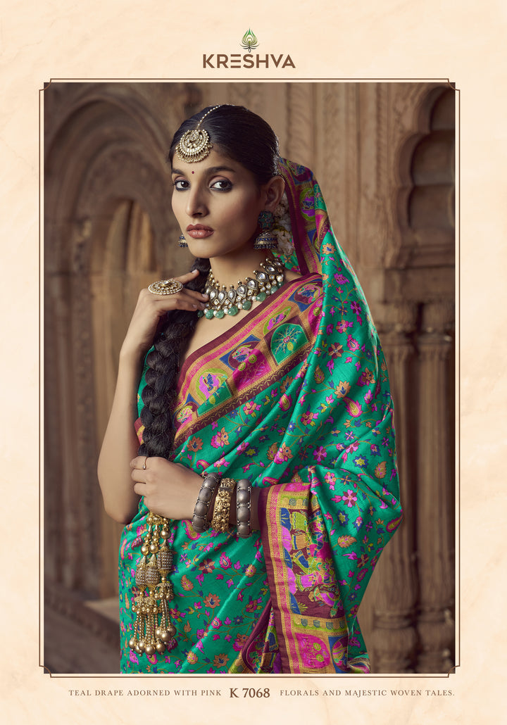 Emerald Green Heritage Pashmina Printed Saree with Magenta Border & Folk Motifs