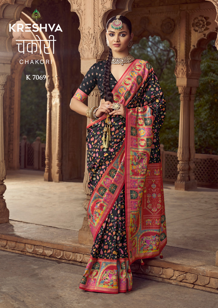 Classic Black Heritage Pashmina Printed Saree with Red Border & Traditional Motifs