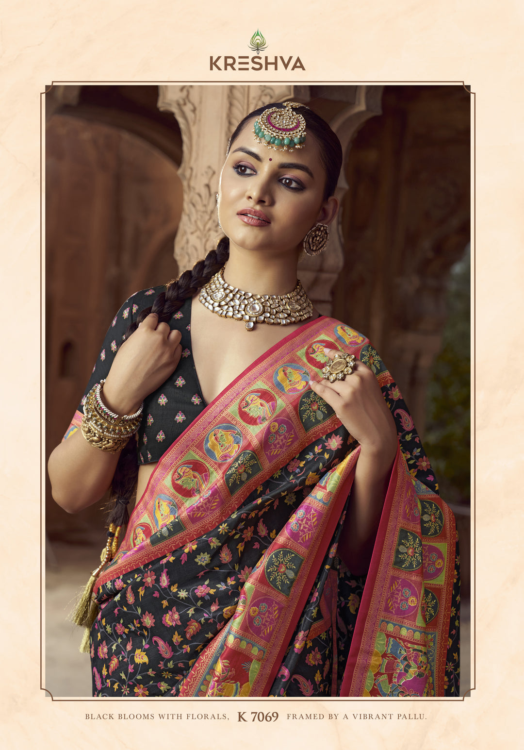 Classic Black Heritage Pashmina Printed Saree with Red Border & Traditional Motifs