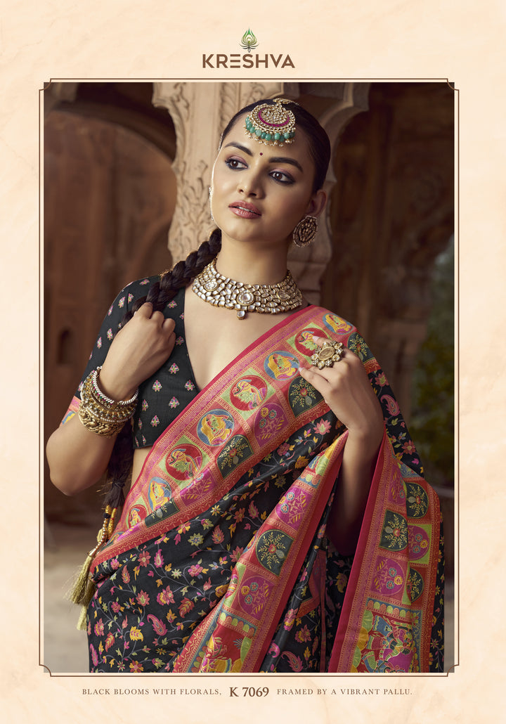 Classic Black Heritage Pashmina Printed Saree with Red Border & Traditional Motifs