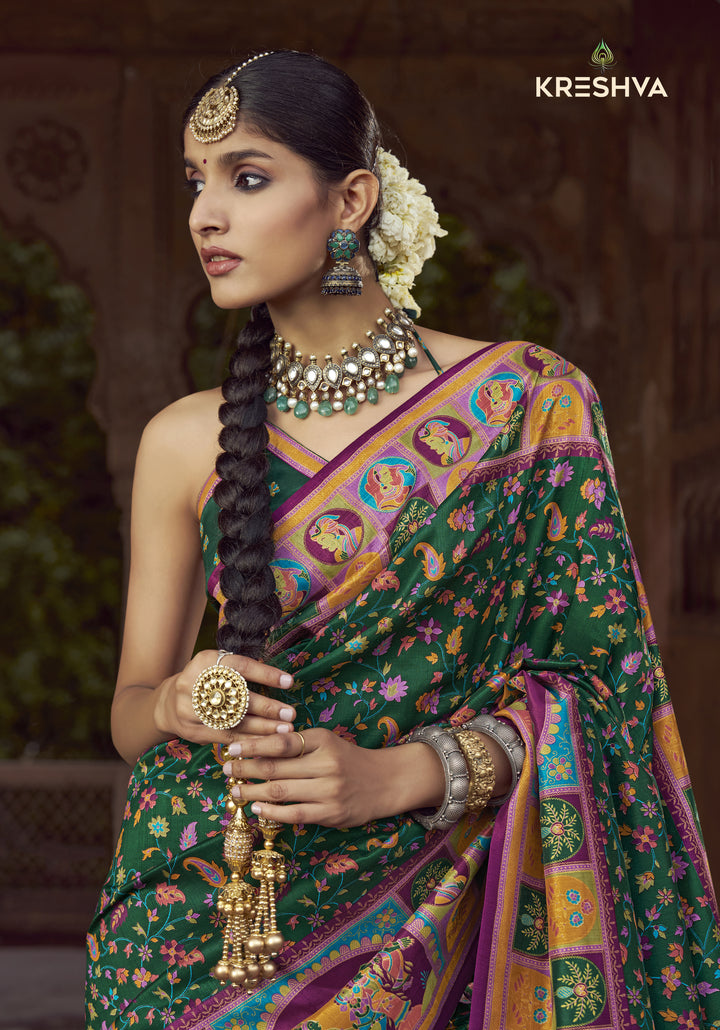 Deep Green Heritage Pashmina Printed Saree with Purple Border & Traditional Motifs