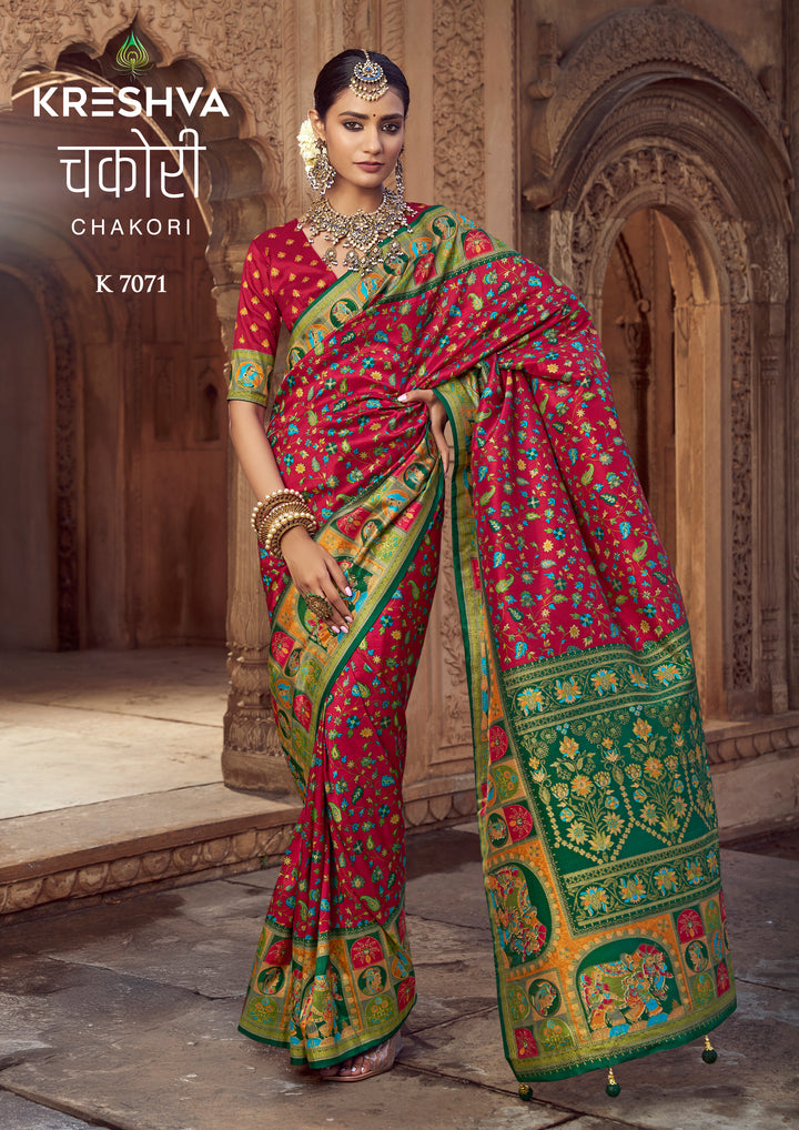 Royal Red Heritage Pashmina Printed Saree with Green Border & Traditional Motifs