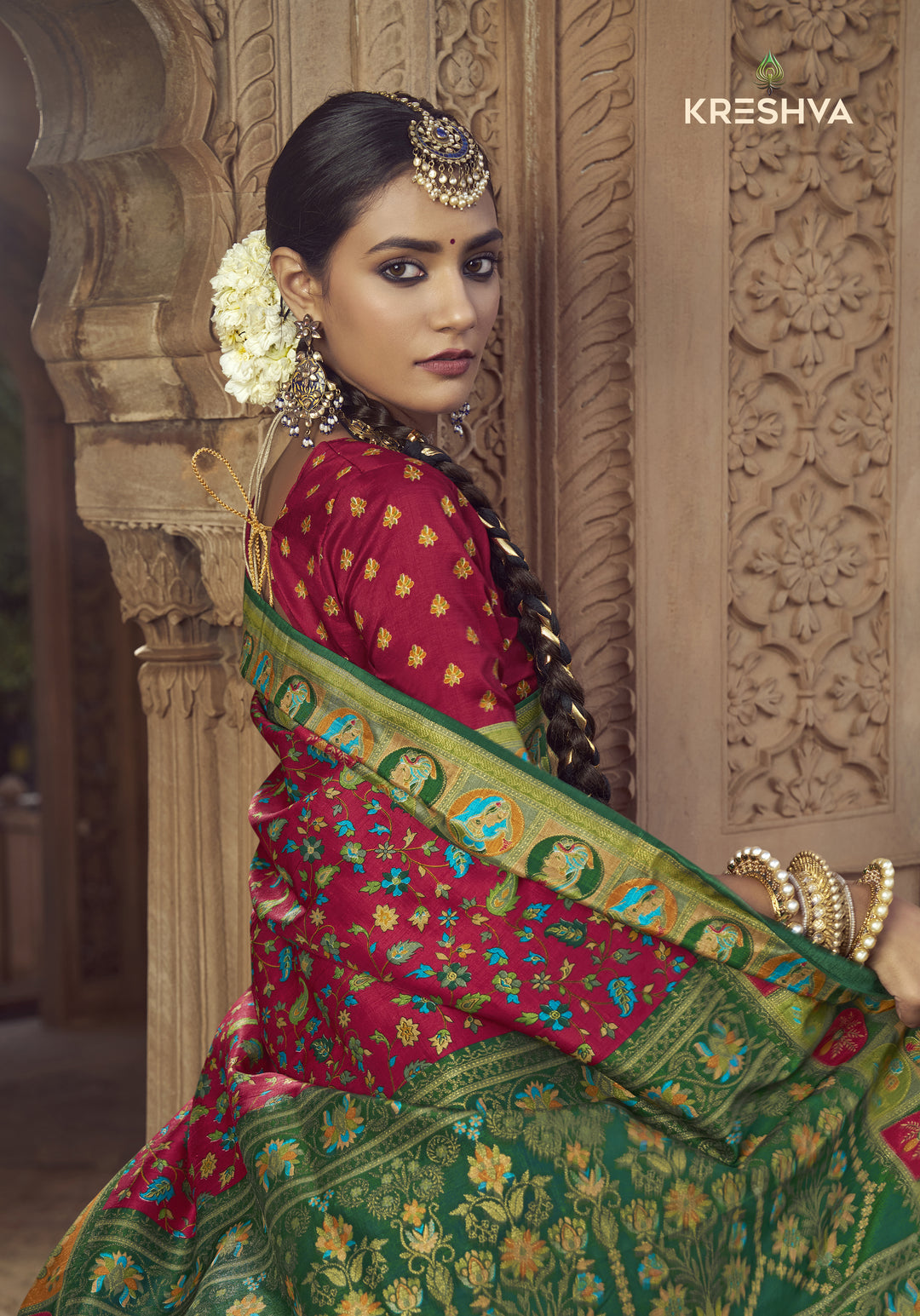 Royal Red Heritage Pashmina Printed Saree with Green Border & Traditional Motifs