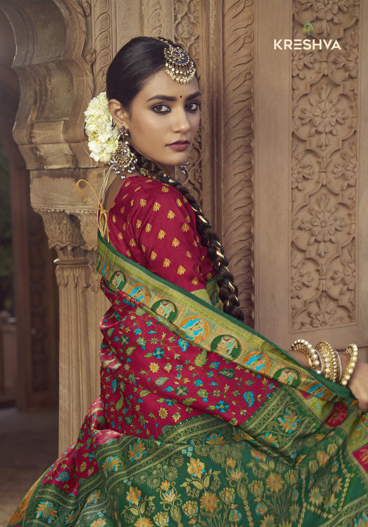Royal Red Heritage Pashmina Printed Saree with Green Border & Traditional Motifs