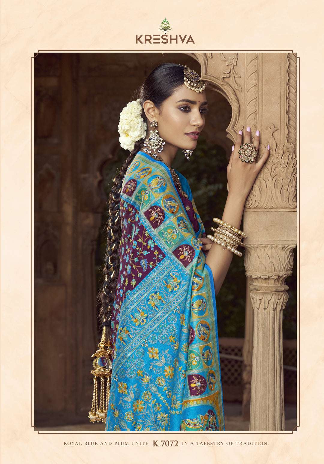 Wine Brown Heritage Pashmina Printed Saree with Turquoise Blue Border & Traditional Motifs