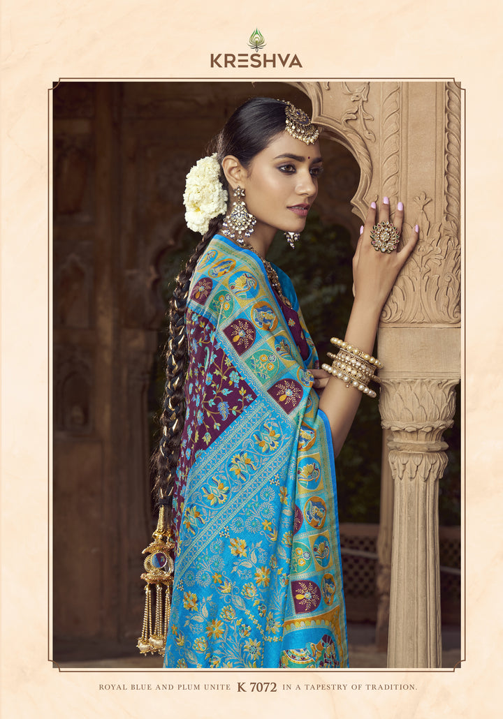 Wine Brown Heritage Pashmina Printed Saree with Turquoise Blue Border & Traditional Motifs