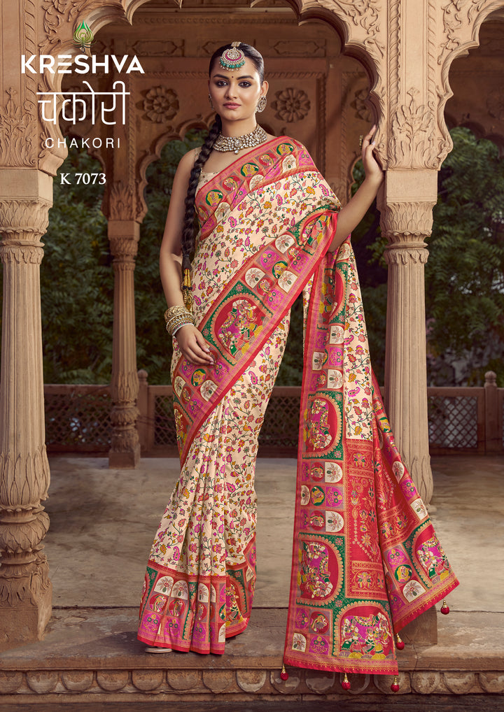 Ivory Cream Heritage Pashmina Printed Saree with Pink Border & Traditional Motifs