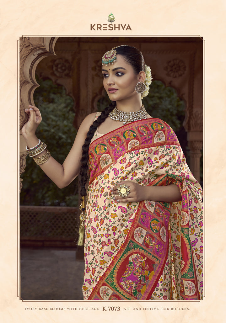 Ivory Cream Heritage Pashmina Printed Saree with Pink Border & Traditional Motifs