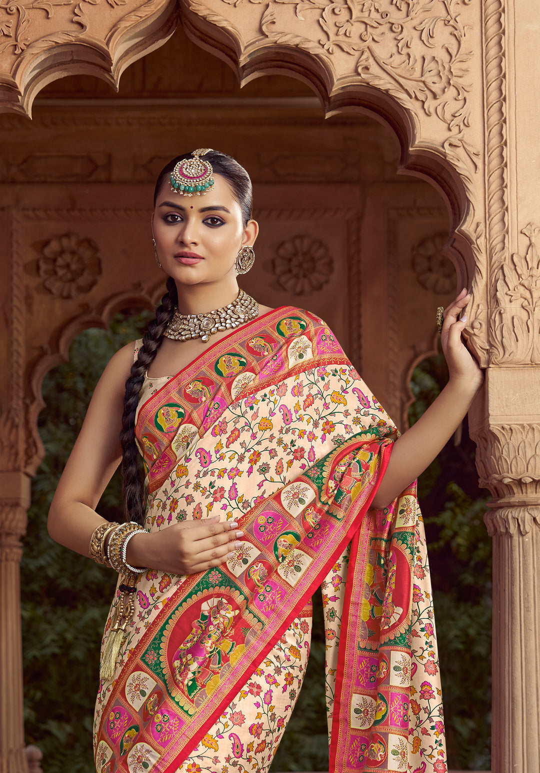 Ivory Cream Heritage Pashmina Printed Saree with Pink Border & Traditional Motifs
