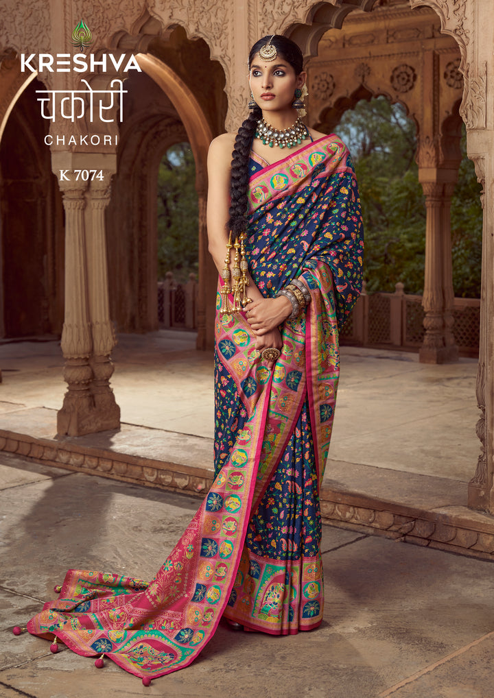 Midnight Blue Heritage Pashmina Printed Saree with Pink Border & Traditional Motifs