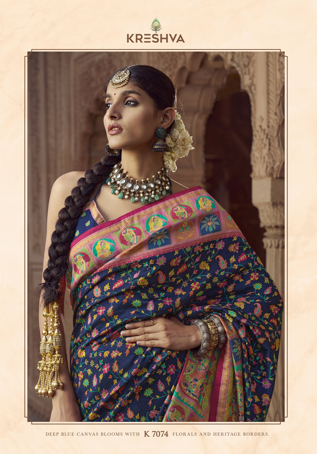 Midnight Blue Heritage Pashmina Printed Saree with Pink Border & Traditional Motifs