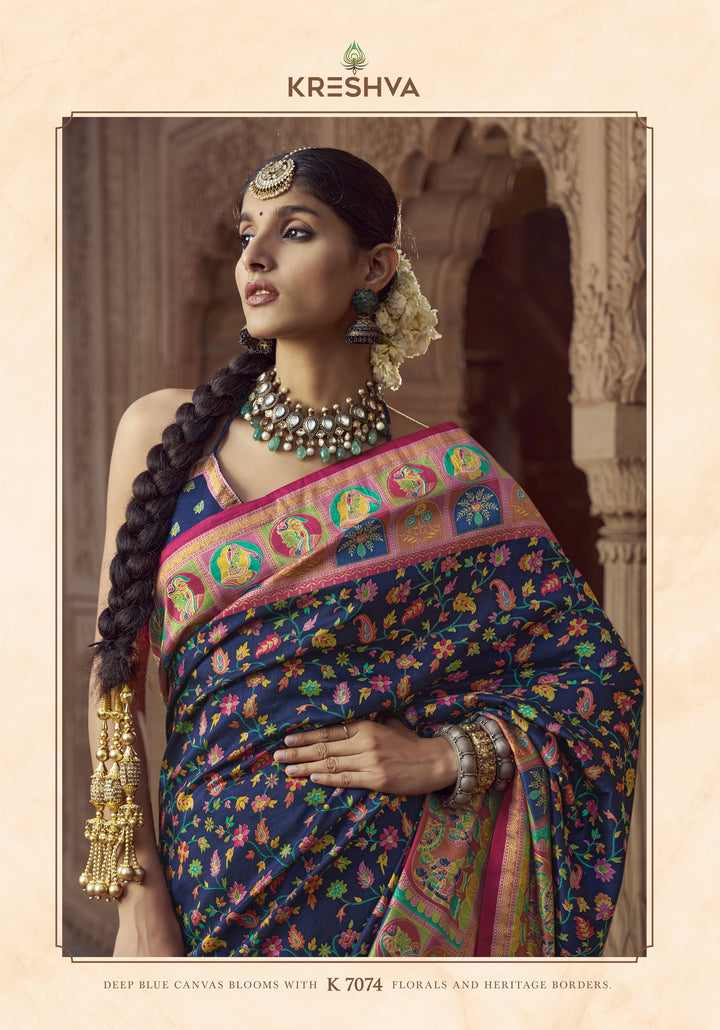 Midnight Blue Heritage Pashmina Printed Saree with Pink Border & Traditional Motifs