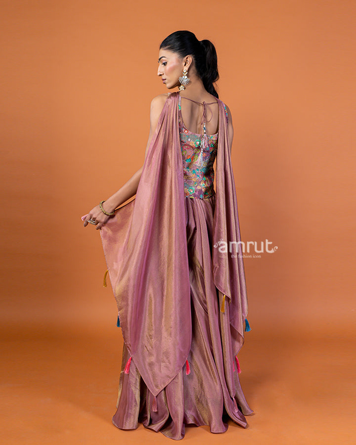 Pink Embroidered Halter Crop Top with Palazzo Pants and Dupatta