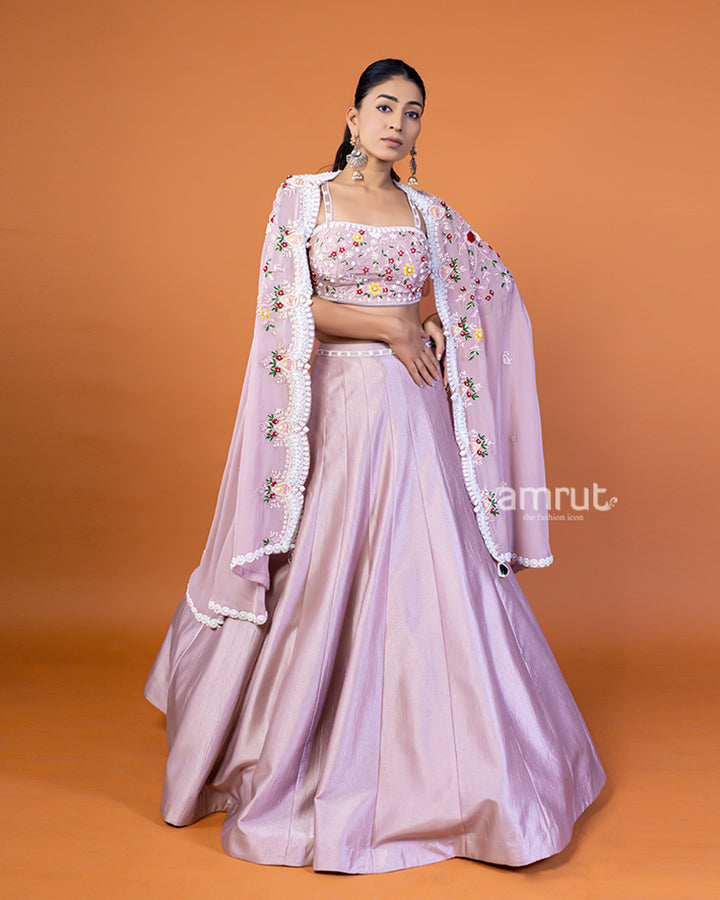 Light Purple Embroidered Lehenga Choli and Shrug Style Floral Lace Dupatta