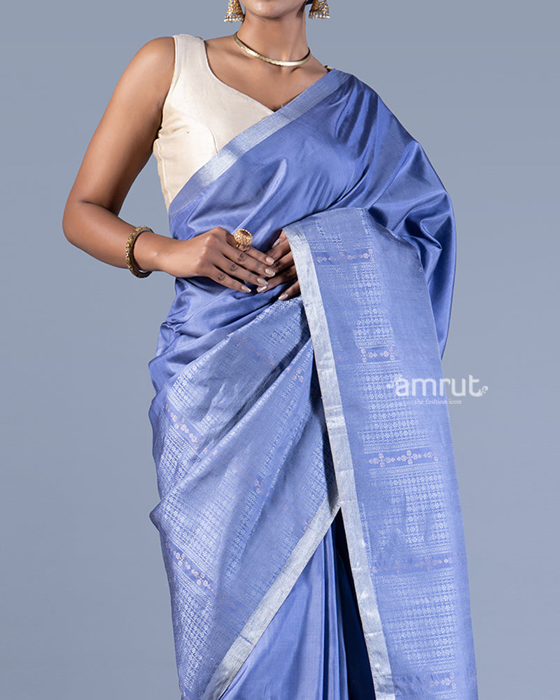 Blue Silver-Gray Stripes Silk Saree with unstitched blouse