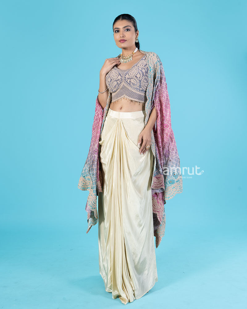 Dusty Lavender Crop Top with Vibrant Cape and Cream Draped Skirt