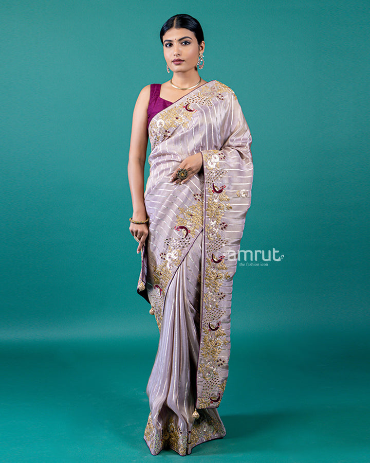 Light Mink Pink Saree with Zardozi Border Detailing and Unstitched Blouse