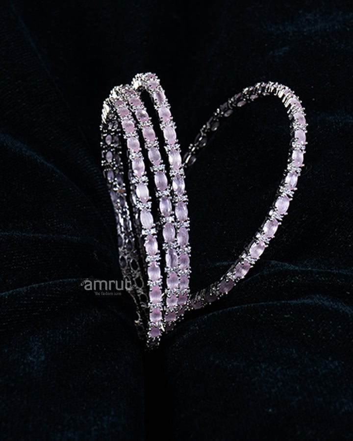 Pink Silver-Toned  Square-Cut CZ Stones Bangle Set