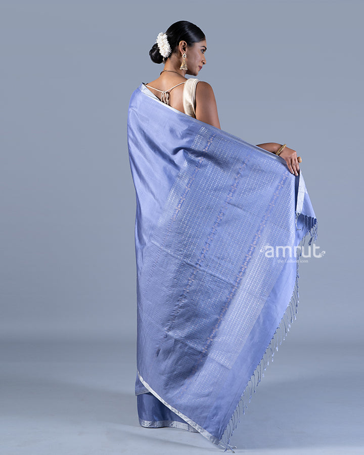 Blue Silver-Gray Stripes Silk Saree with unstitched blouse