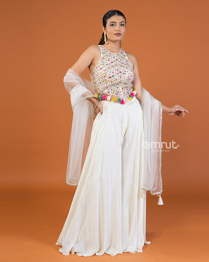 White Palazzo with Embroidered Embellished Crop Top and Dupatta