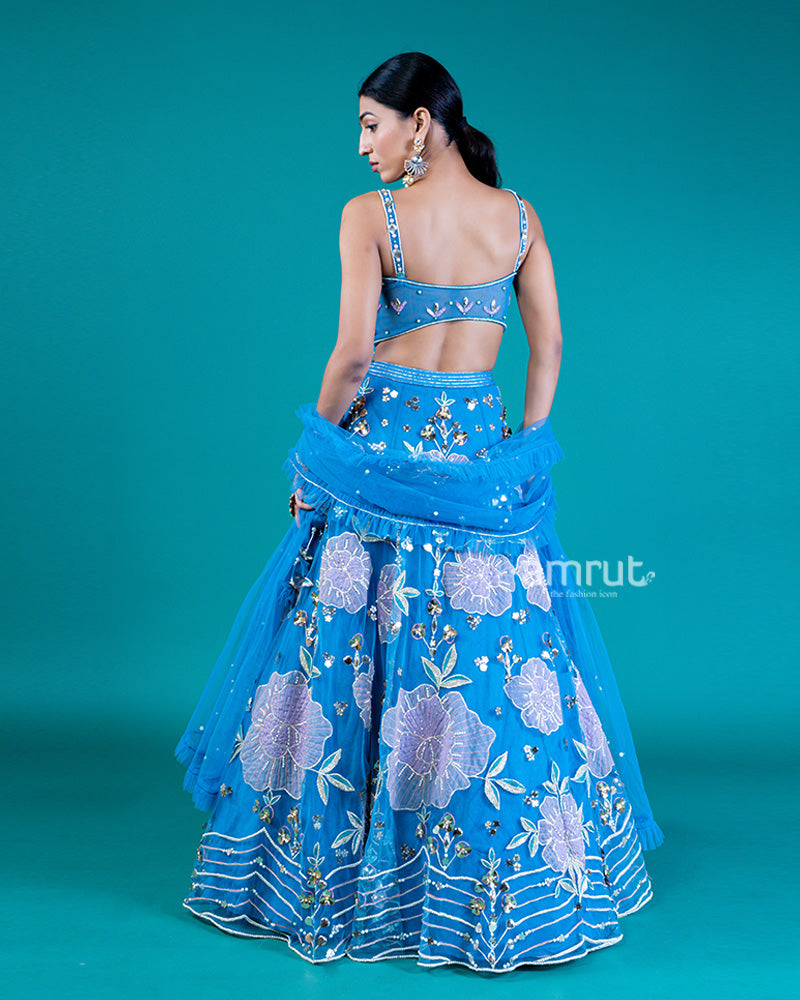 Embellished Sleeveless Sweetheart Neckline Choli with Pickton blue Lehenga and Floral Embroidery