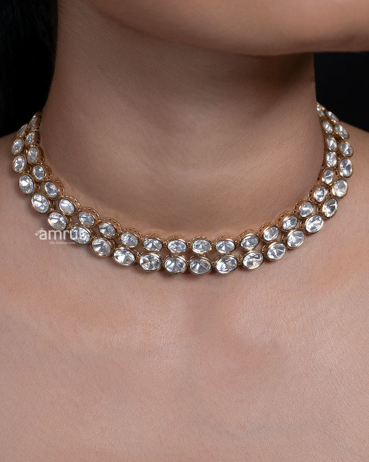 Double Layered Kundan Choker Necklace in Gold Tone