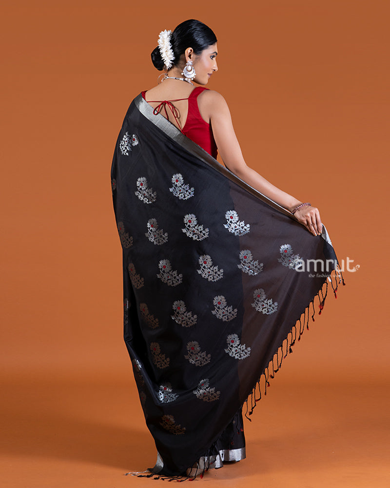 Black with Silver Zari Borders, Motifs, and Fringe Detailing Saree with unstitched blouse