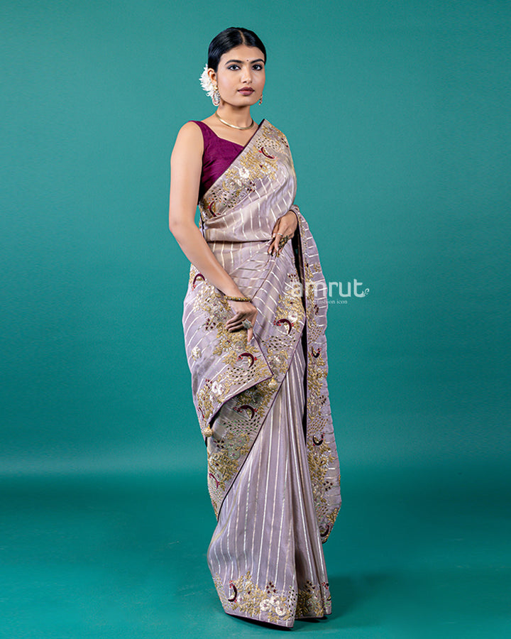 Light Mink Pink Saree with Zardozi Border Detailing and Unstitched Blouse