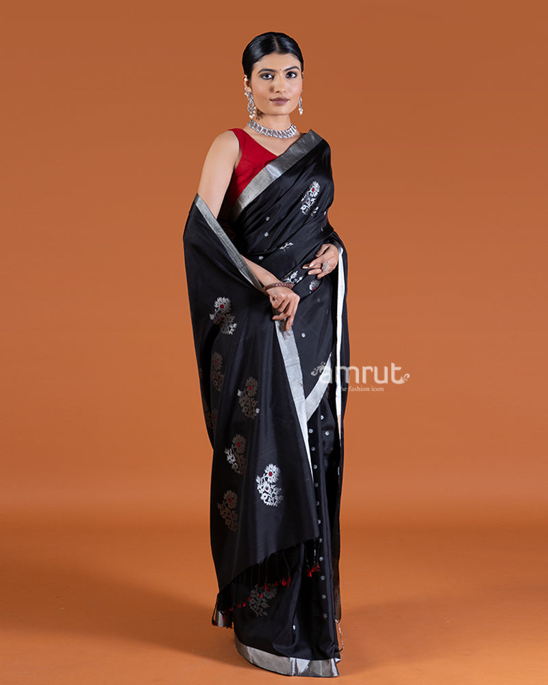 Black with Silver Zari Borders, Motifs, and Fringe Detailing Saree with unstitched blouse