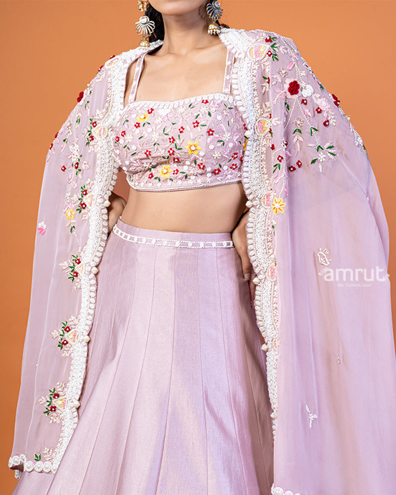 Light Purple Embroidered Lehenga Choli and Shrug Style Floral Lace Dupatta