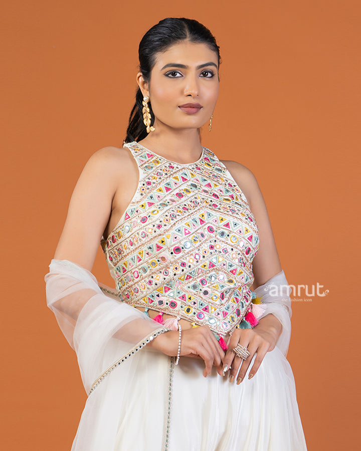 White Palazzo with Embroidered Embellished Crop Top and Dupatta