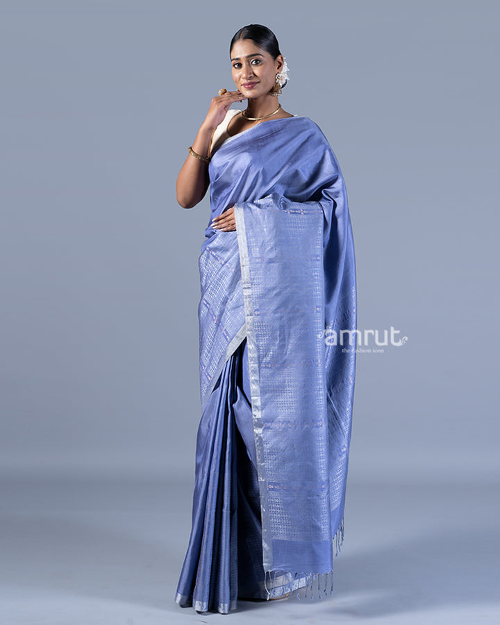 Blue Silver-Gray Stripes Silk Saree with unstitched blouse