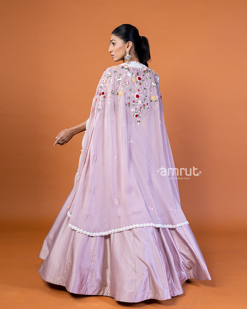 Light Purple Embroidered Lehenga Choli and Shrug Style Floral Lace Dupatta