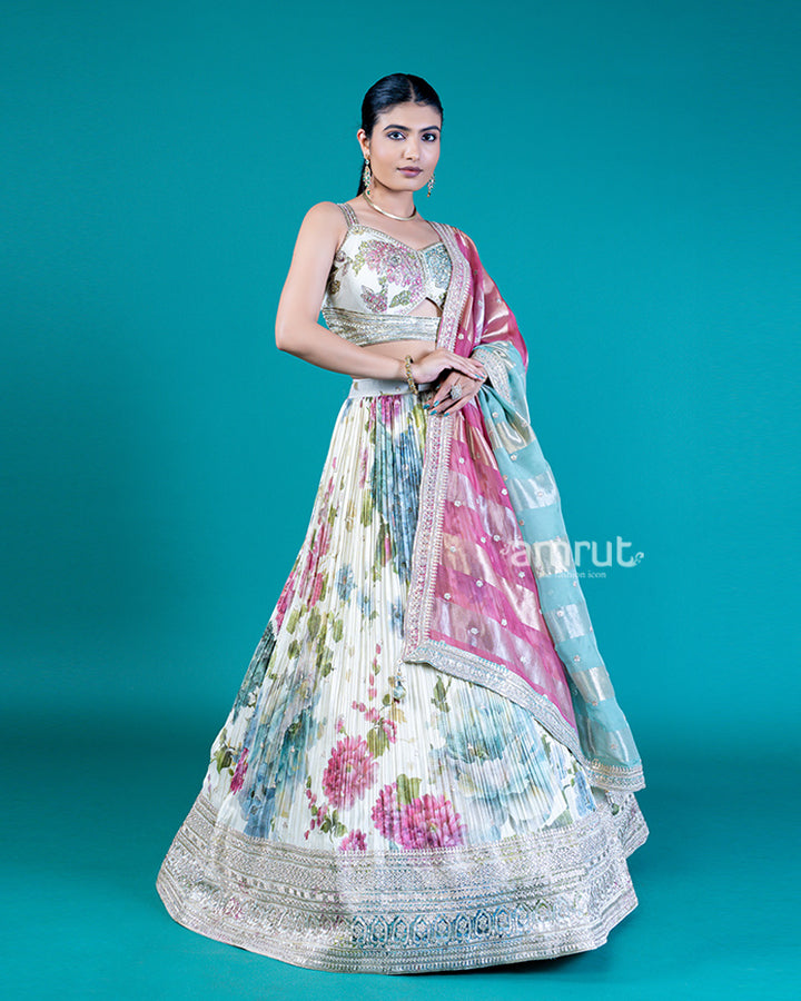 Embellished Cream Choli with Sweetheart Neckline and Floral Print Lehenga with Dupatta