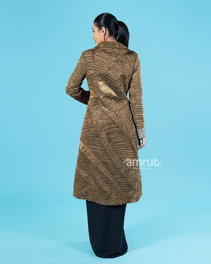 Golden-Bronze Textured Jacket with Black Floor-Length Skirt with Slit