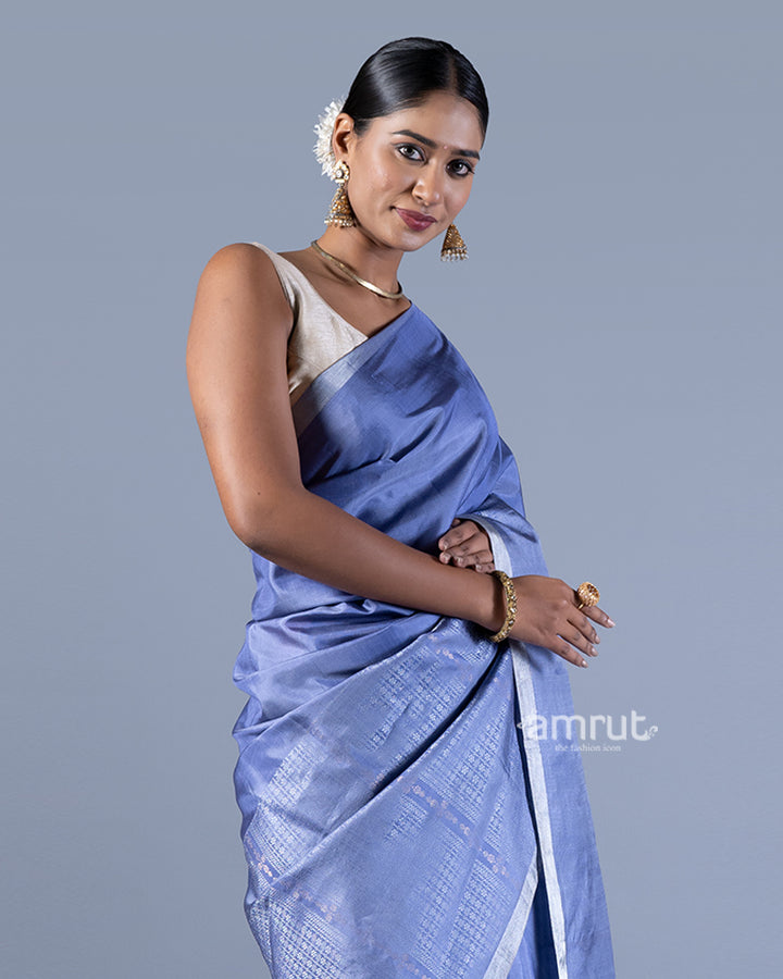 Blue Silver-Gray Stripes Silk Saree with unstitched blouse