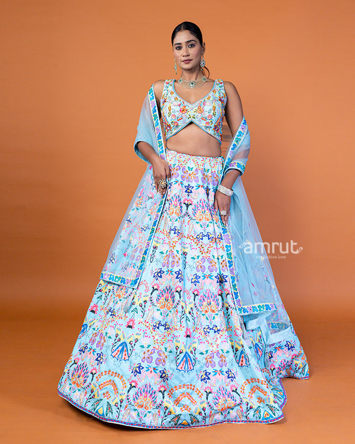 Light Blue Embroidered Lehenga Choli with Floral Pattern and Sheer Dupatta