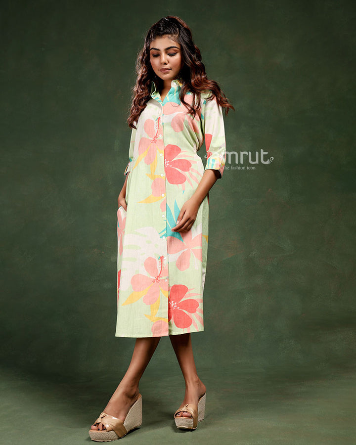 Floral Printed Tunic Dress With 3/4th Sleeves