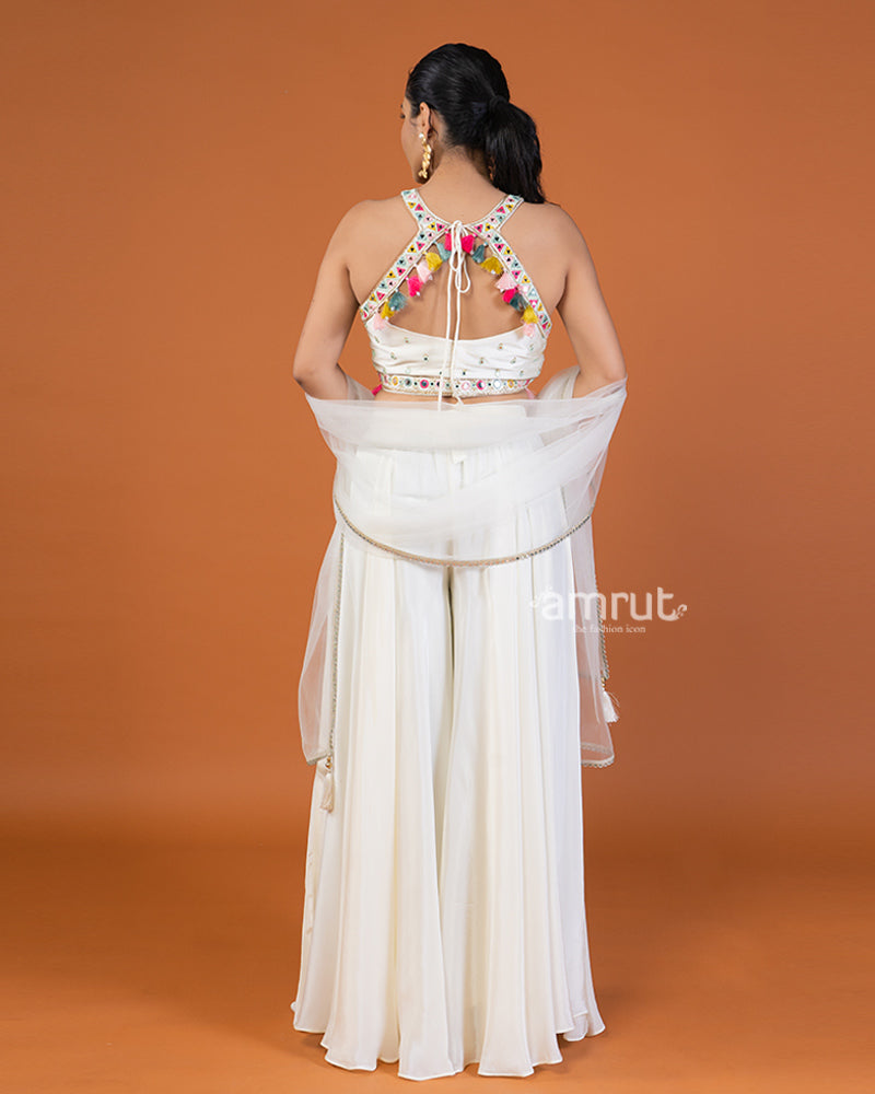 White Palazzo with Embroidered Embellished Crop Top and Dupatta