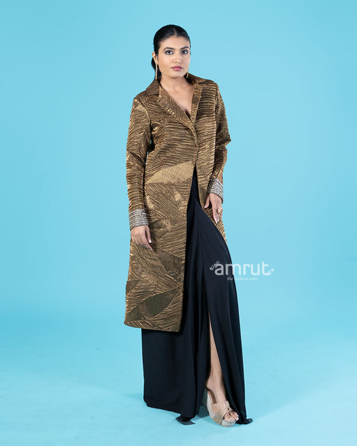 Golden-Bronze Textured Jacket with Black Floor-Length Skirt with Slit